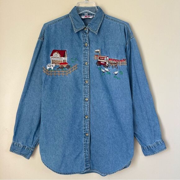VTG Keren Hart Cotton Western Farm Embroidered Denim Button-Up Shirt SZ L - Picture 1 of 15